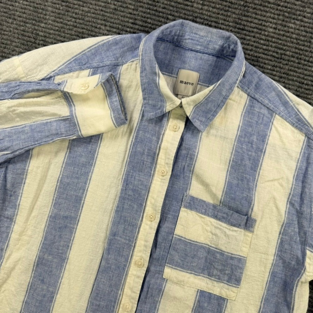 Maeve Anthropologie Striped Button Down Shirt Blue Cream Womens XS Long Sleeve